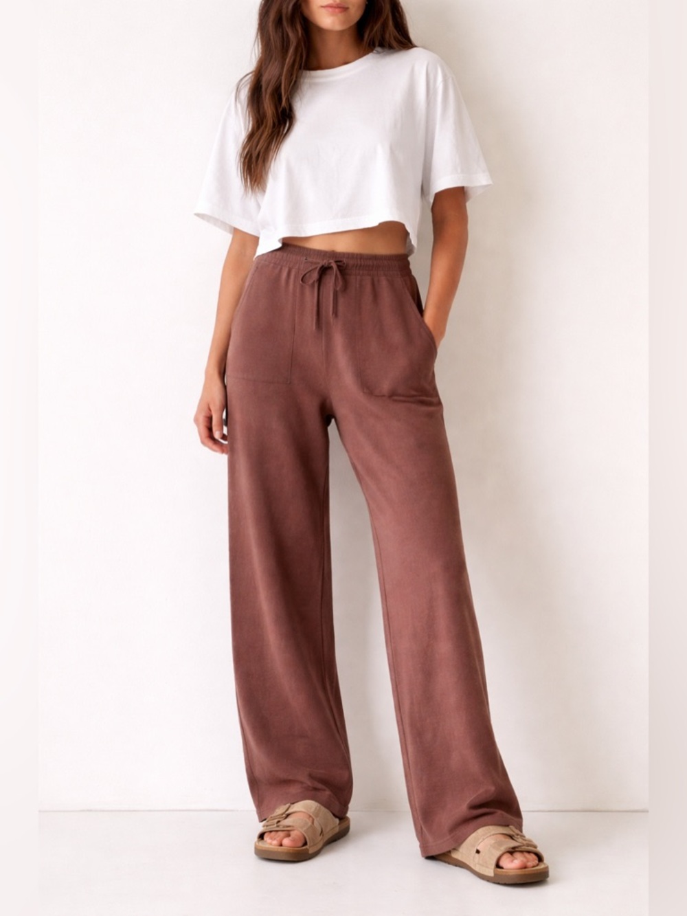 Amazon High-Rise Wide-Leg Drawstring Knit Lounge Pants Coffee Brown NWOT Small - Picture 1 of 10